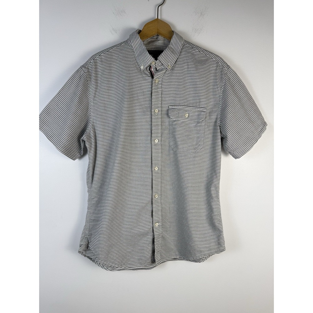 Banana Republic Oxford Shirt Mens Grey White Stripe Short Sleeve Pocket Cotton